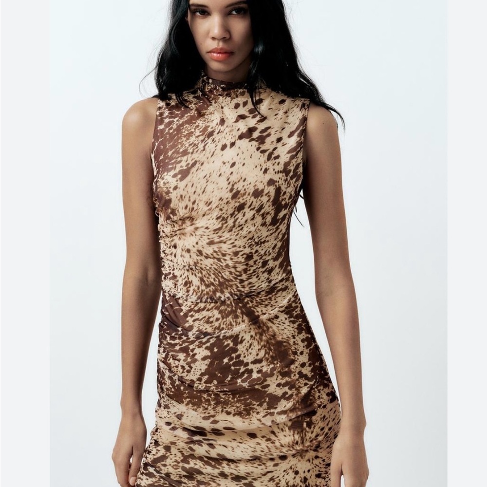 Zara Brown Bodycon Midi Dress with Mock Neck and Sleeveless Design for Cocktail